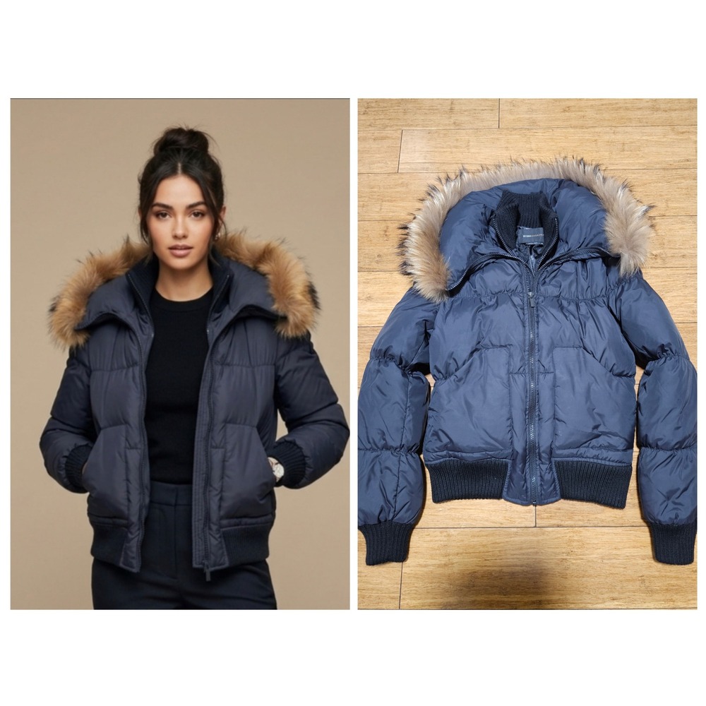 BCBGMAXAZRIA Puffer Jacket Women XS Black Fur Trim Down Bomber Coat